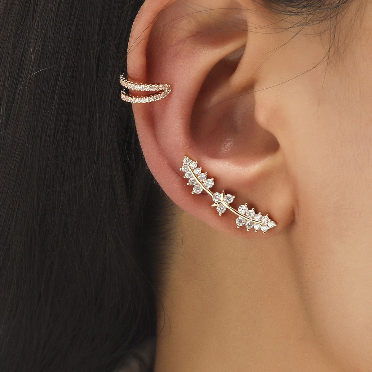 Simple Star Small Diamond Ear Clip Leaf Flower Sun Flower Geometric Pearl Zircon No Pierced Ear Stud Set