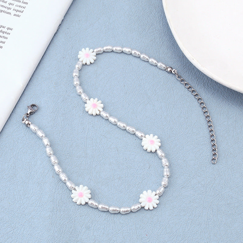 Summer pearl beaded seashell flower necklace design sense ins fashion stainless steel accessories clavicle chain