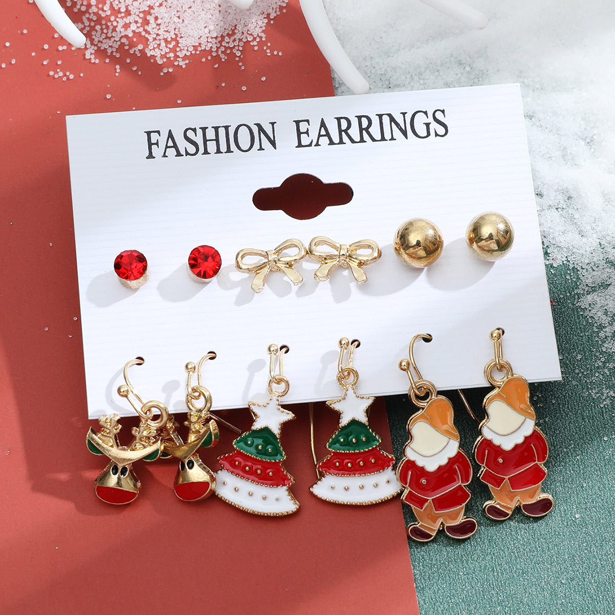 Christmas series snowflake bell earrings combination set cartoon oil dripping cane old man earrings female
