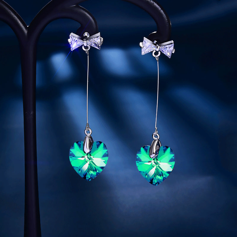 Fashion Ladies Long Color Crystal Diamond Heart Shape Pendant Stud Earrings Bow Knot Earrings Jewelry