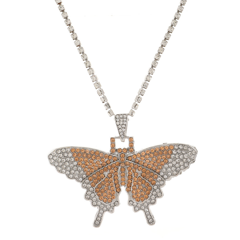 Ins full diamond Cuban butterfly necklace retro personality exaggerated butterfly pendant necklace fashion hip-hop accessories
