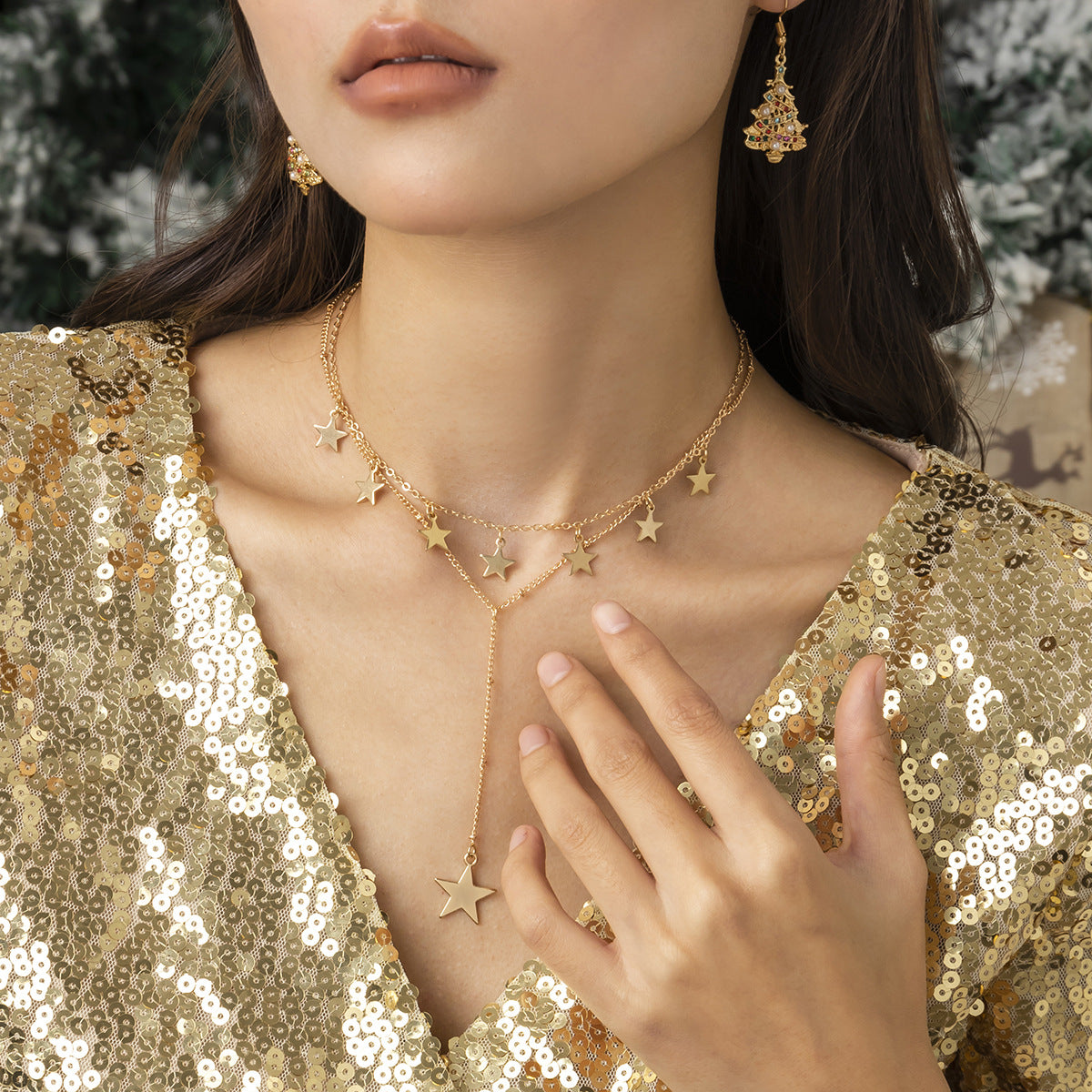 Jewelry Simple Thin Chain Metal Necklace Creative Star Tassel Pendant Christmas Necklace Female