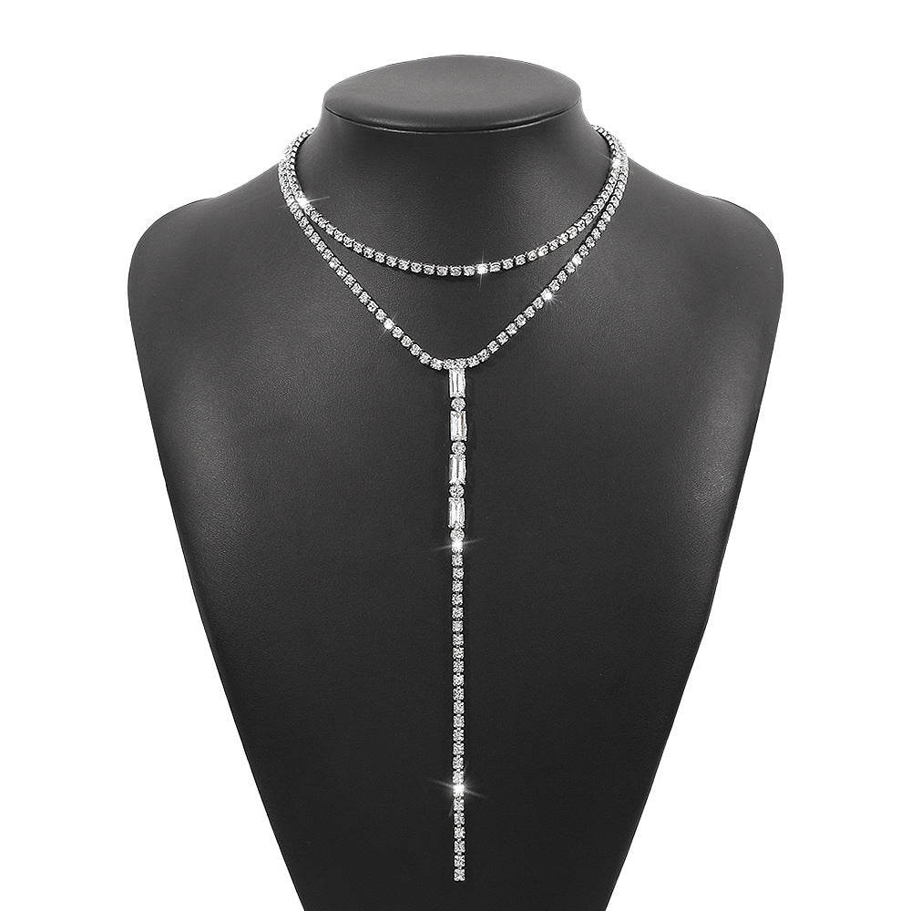 N9872 Fashion Versatile Y-shaped Necklace Simple Temperament Full Diamond Back Chain Super Flash Light Luxury Double Layer Necklace Women