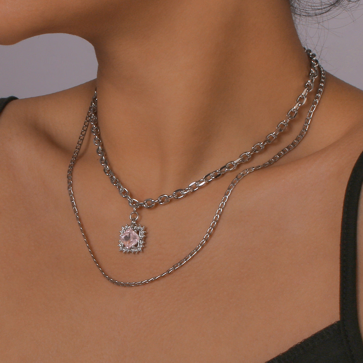 N129 Double Stacked Necklace Square Rhinestone Exaggerated Chain Necklace French Light Luxury Simple Necklace
