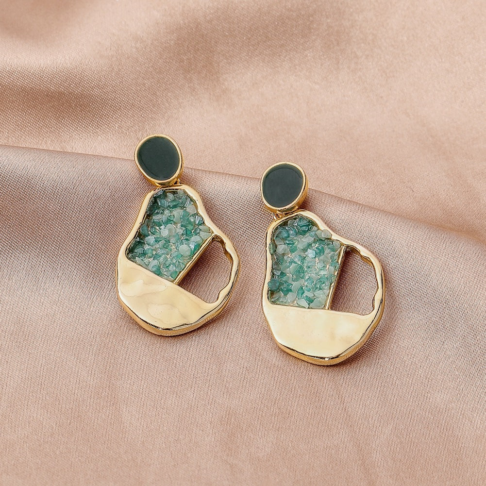 Ins geometric fashion hollow heart gravel earrings retro original stone drop oil earrings stone ear jewelry female