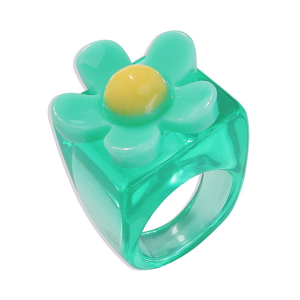 R579 Simple Ring Candy Color Flower Girl Heart Ring Resin Transparent Contrasting Color Geometric Jewelry