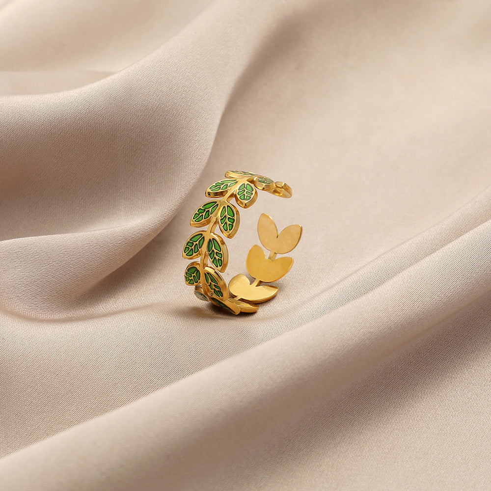 Fashion personality color drop oil flower feather stainless steel ring love titanium steel open ring jewelry