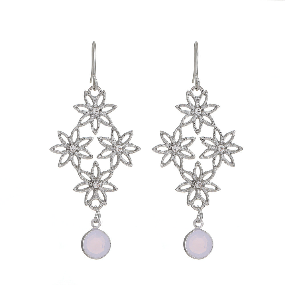 Ins retro creative hollow flower earrings fashion bohemian blue crystal rhombus earrings earrings