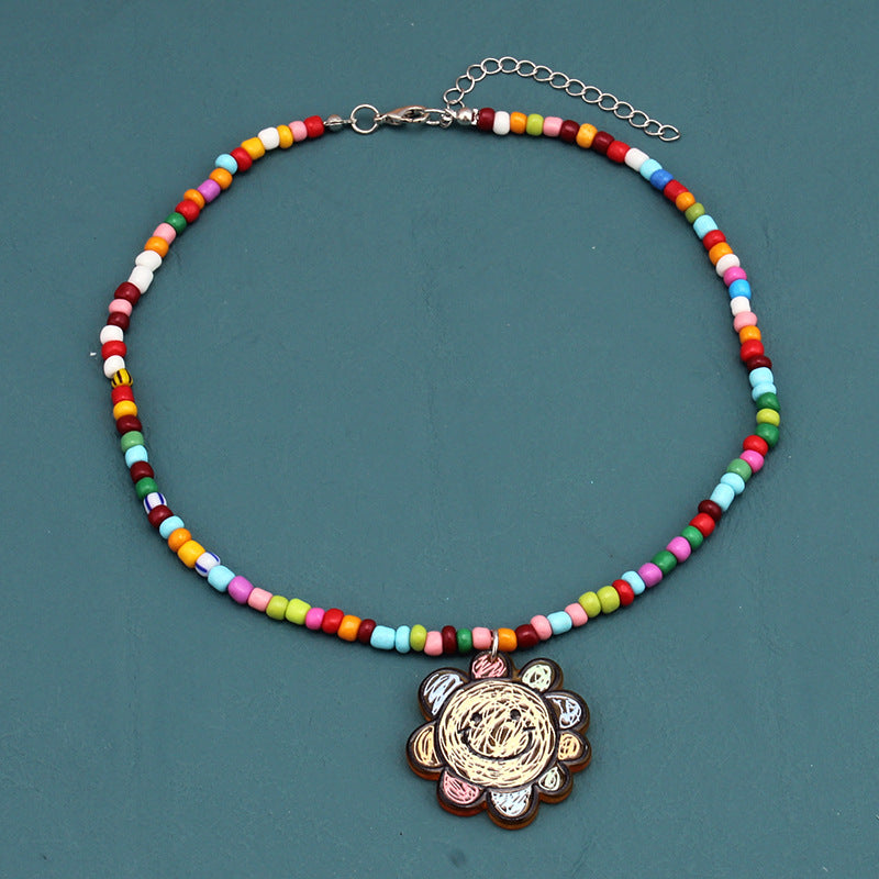 Colorful Beaded Necklace Cartoon Cute Niche Colorful Beaded Necklace Girl Heart Clavicle Chain Short Pendant
