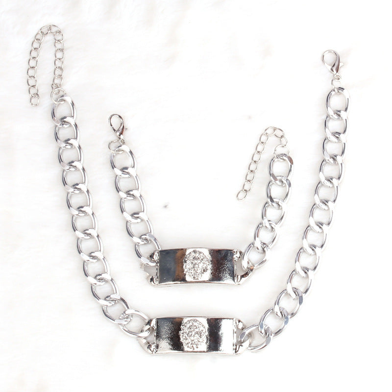 Exaggerated Fashion Bracelet Necklace Set Female Ins Hip Hop Retro Clavicle Chain Men and Women