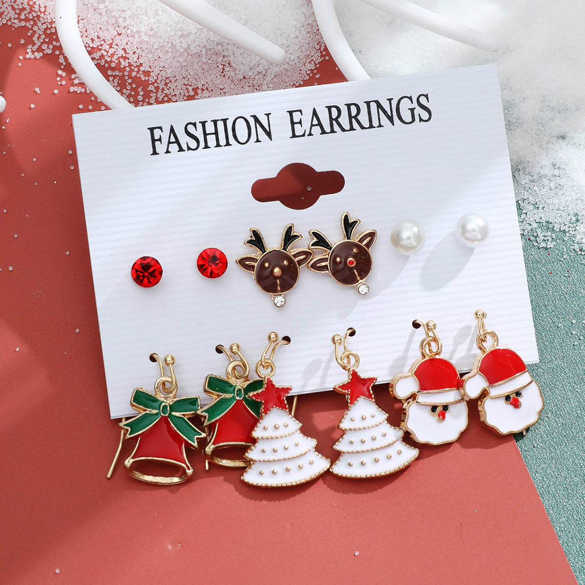 Christmas series snowflake bell earrings combination set cartoon oil dripping cane old man earrings female