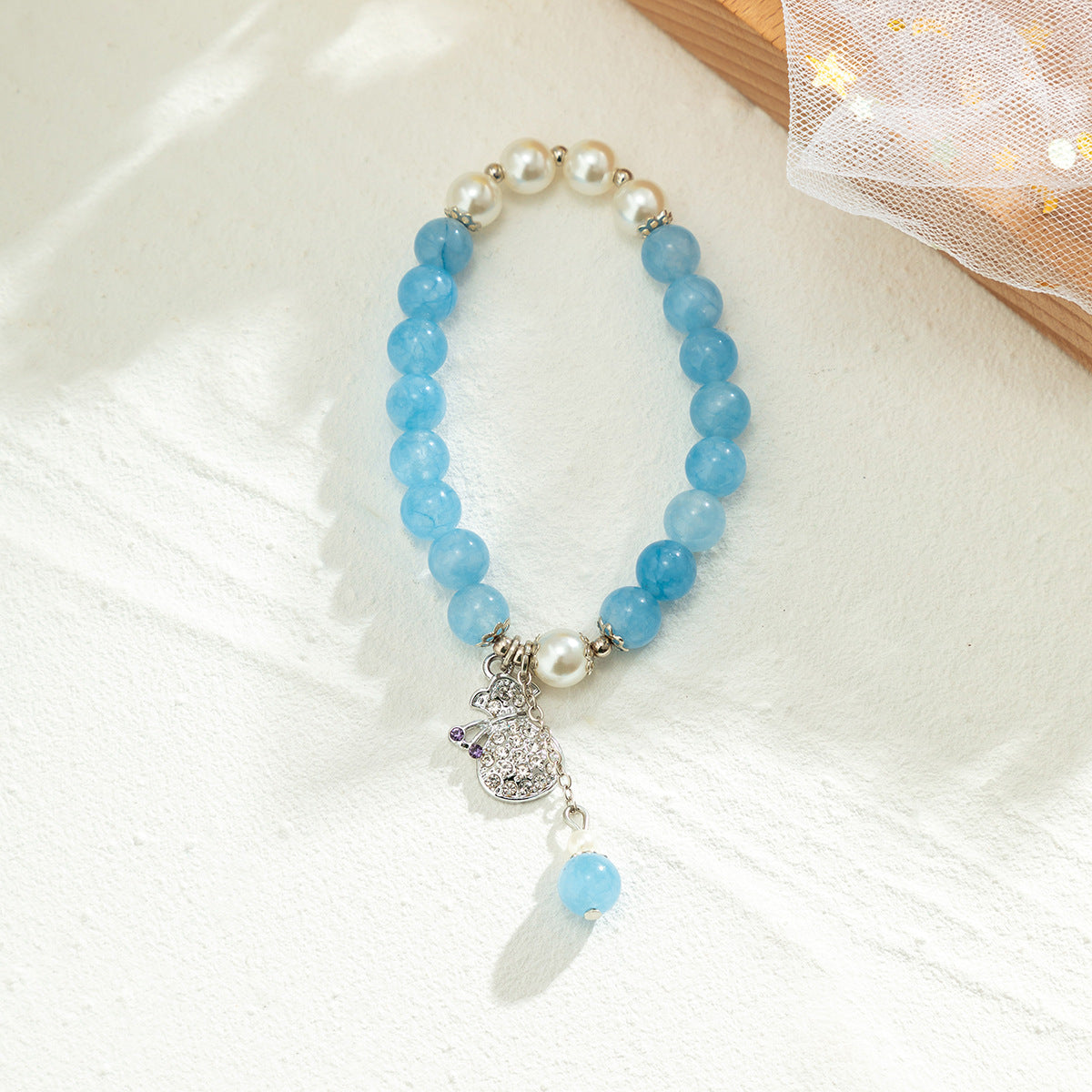 Jewelry Temperament Pearl Beaded Butterfly Turquoise Bracelet Simple Imitation Crystal Elastic Micro-Inlaid Hand Jewelry