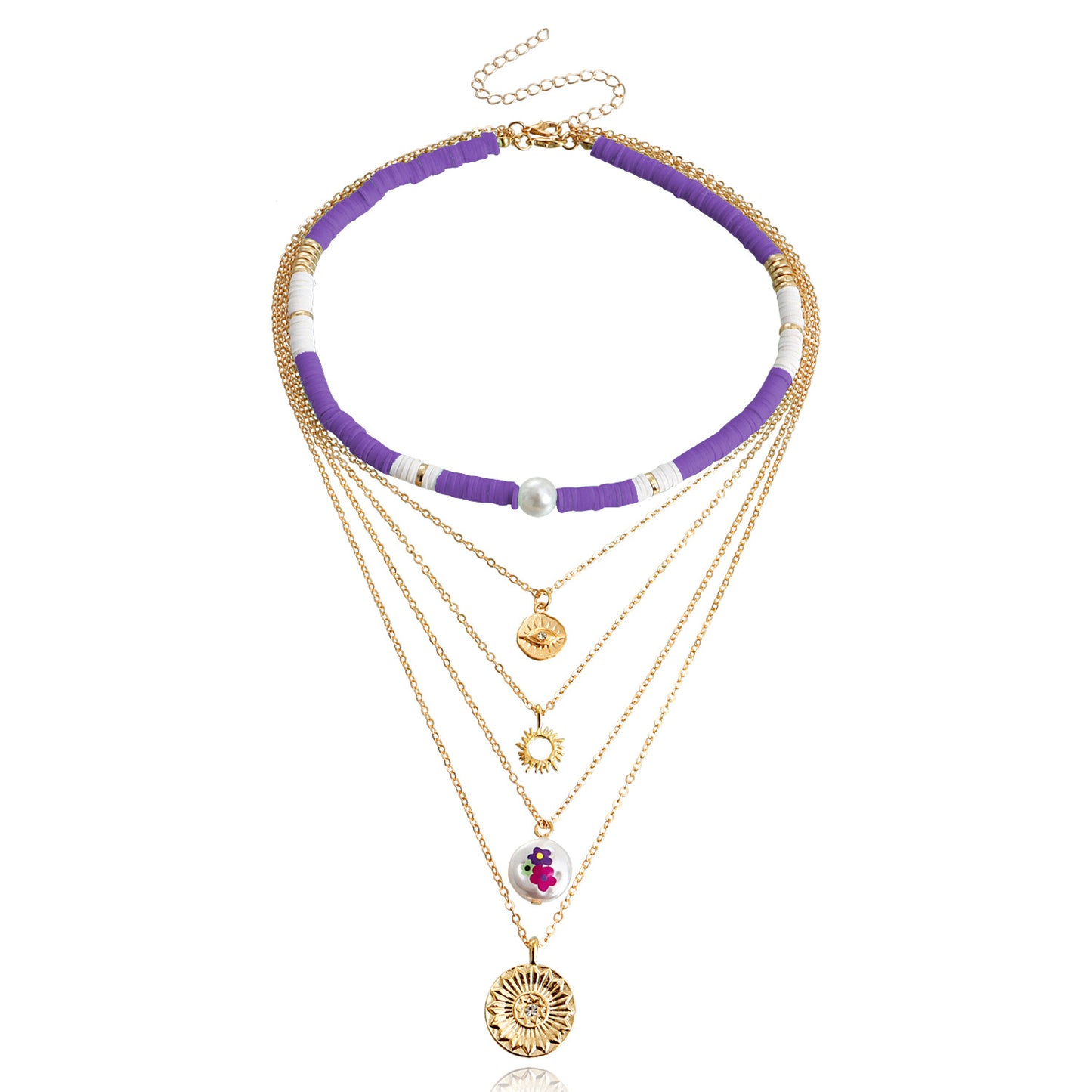 Jewelry Bohemian retro multi-layer color soft pottery geometric round pendant necklace female personality
