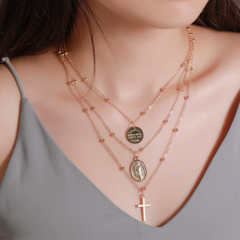 Retro Multilayer Necklace Creative Coin Love Lock Sweater Chain Metal Thick Chain Clavicle Chain Accessories