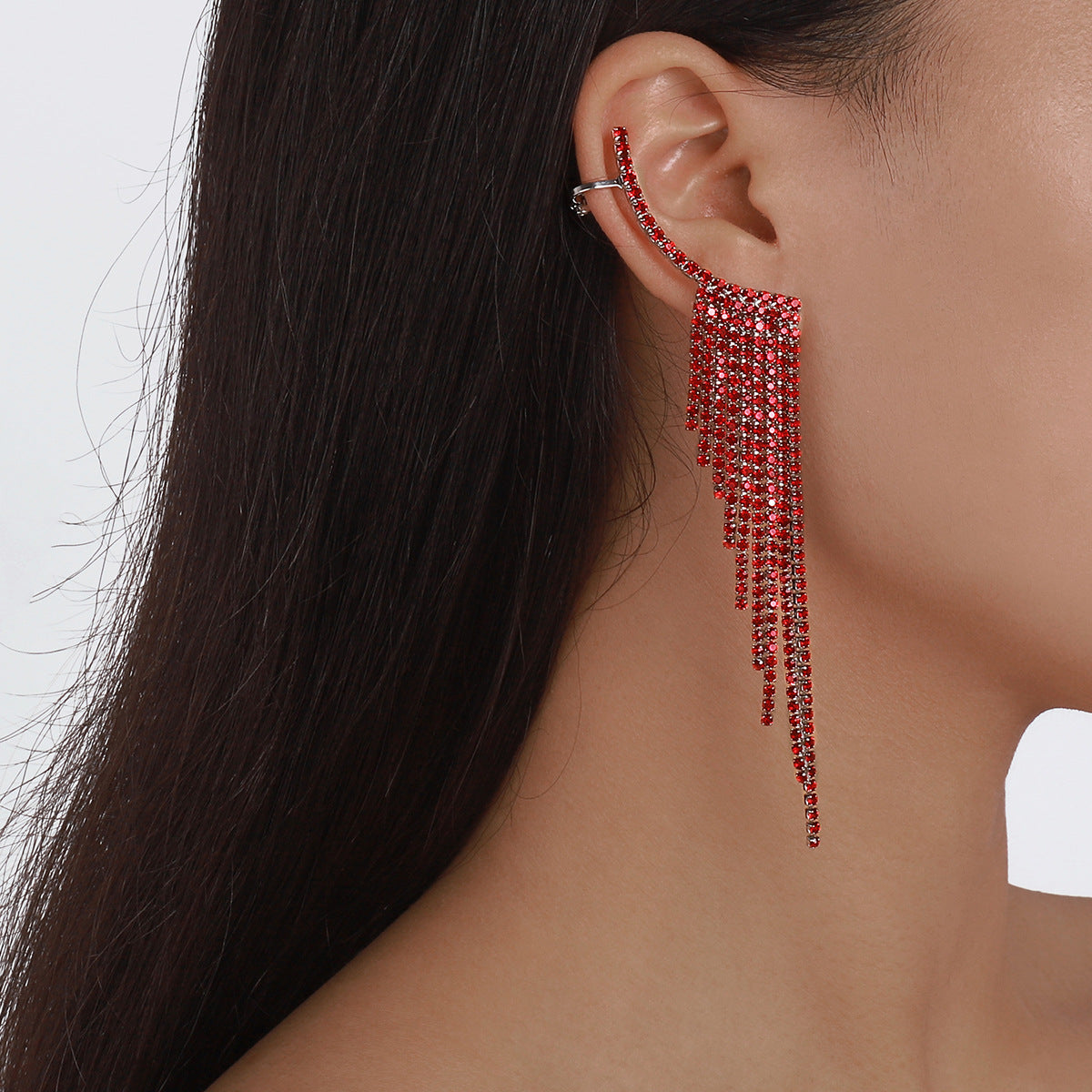 E1274 Temperament Simple Pop Earrings Net Red Tassel Rhinestone Ear Needles Geometric Banquet Exaggerated Earrings