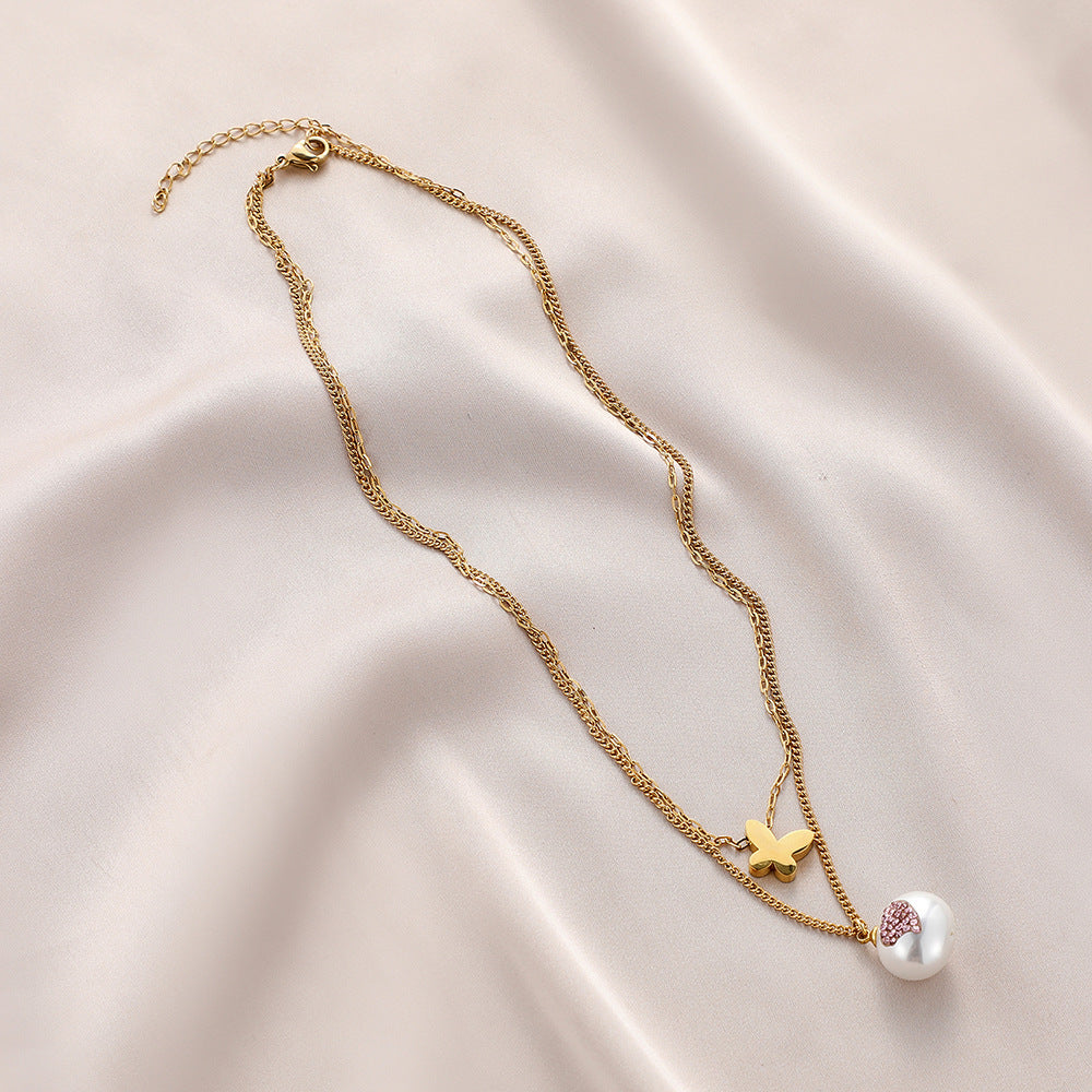 Simple colorful mermaid pearl stainless steel necklace women's light luxury snake bone chain titanium steel collarbone chain necklace