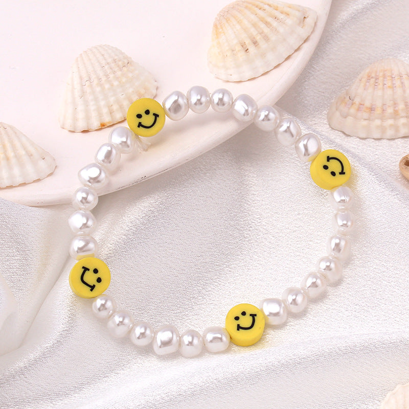 Jewelry ins pearl soft pottery smiling face beaded 42cm necklace stretchable elastic rope bracelet ring