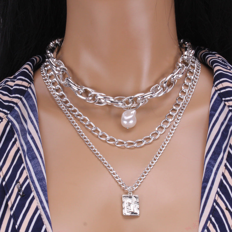Frosty Creative Portrait Coin Metal Design Net Red Clavicle Chain Geometric Imitation Pearl Pendant Necklace