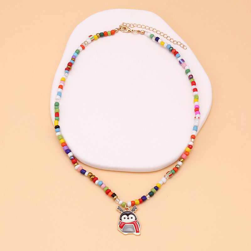Christmas Ornament Fashion Drip Oil Pendant Christmas Tree Clavicle Chain Bohemian Colorful Handmade Rice Beads