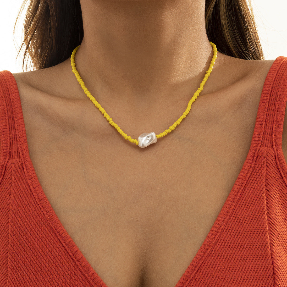 Jewelry Personality Shaped Imitation Pearl Beaded Necklace Simple Irregular Rice Holiday Bead Necklace Female