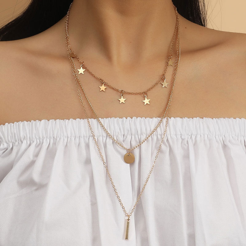 Frosty Metal Multilayer Necklace Female Simple Long Section Personality Cross Moon Clavicle Chain Pendant