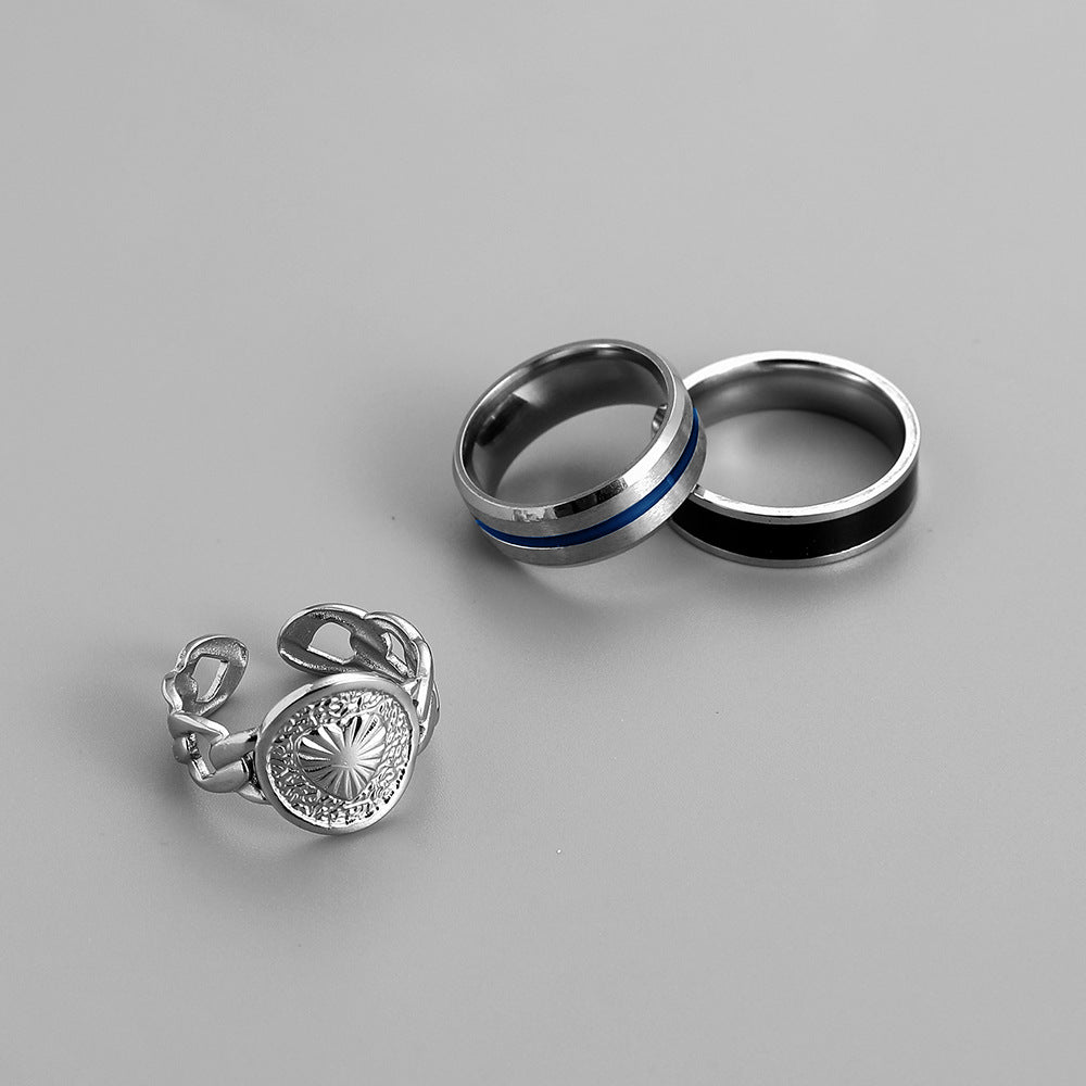 Fashion Simple Domineering Personality Trend Men's Stainless Steel Chain Stripe Black Drip Oil Ring Set Decoration