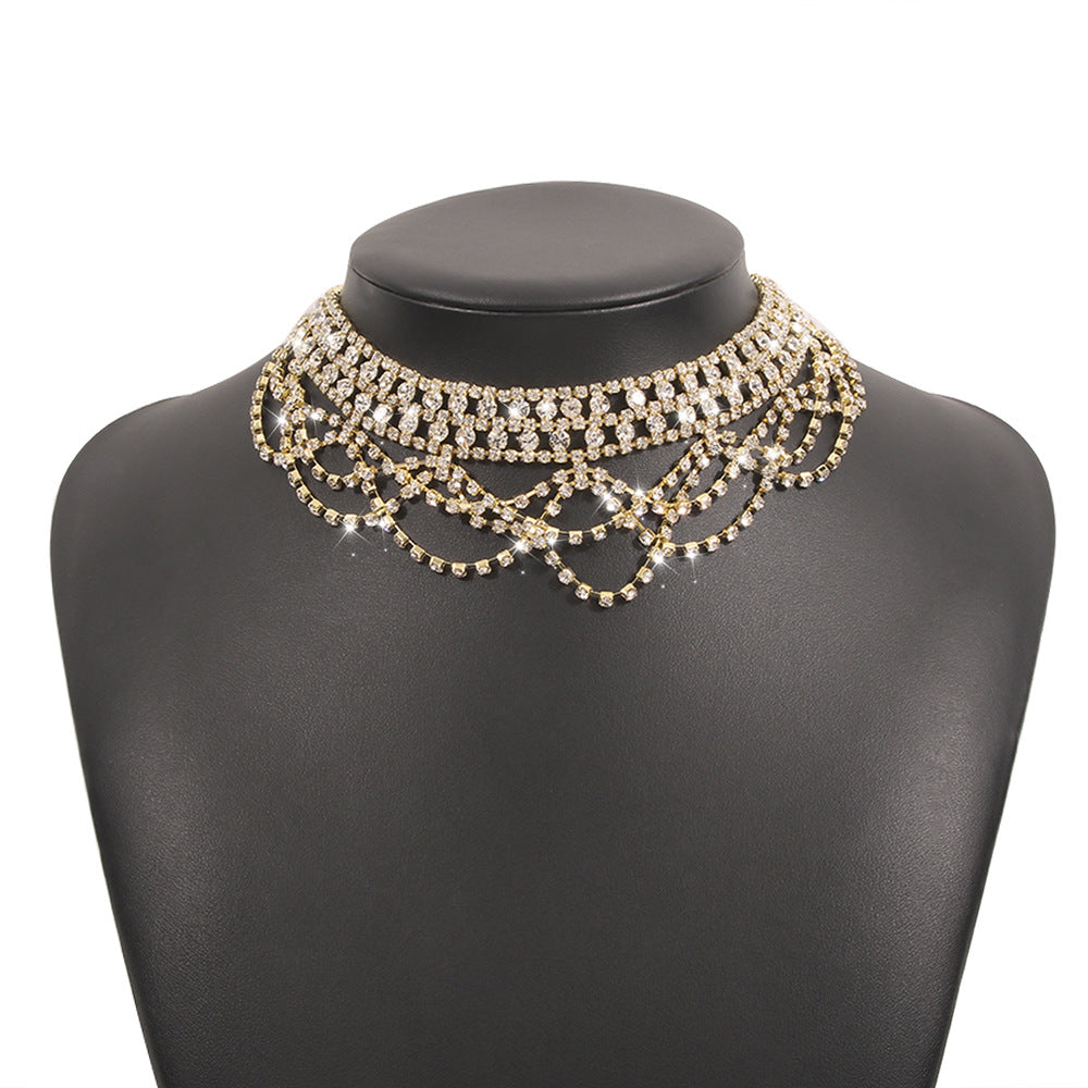 Jewelry Full Diamond Geometric Exaggerated Night Sexy Necklace Rhinestone Tassel Personality Internet Celebrity Necklace
