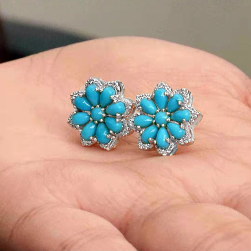 Explosive Bohemia Retro Turquoise Earrings Female Snow Flower Diamond Ancient Silver Earrings Jewelry