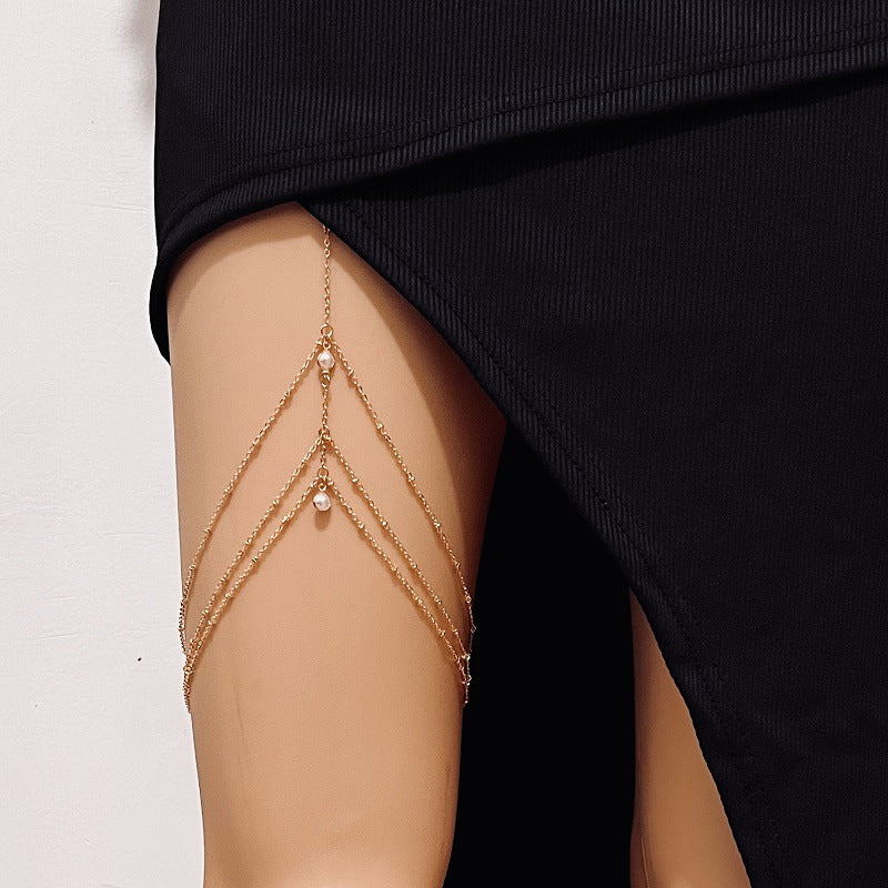 Bohemian three-layer tassel crystal pearl metal thigh chain female summer fashion sexy beach leg chain