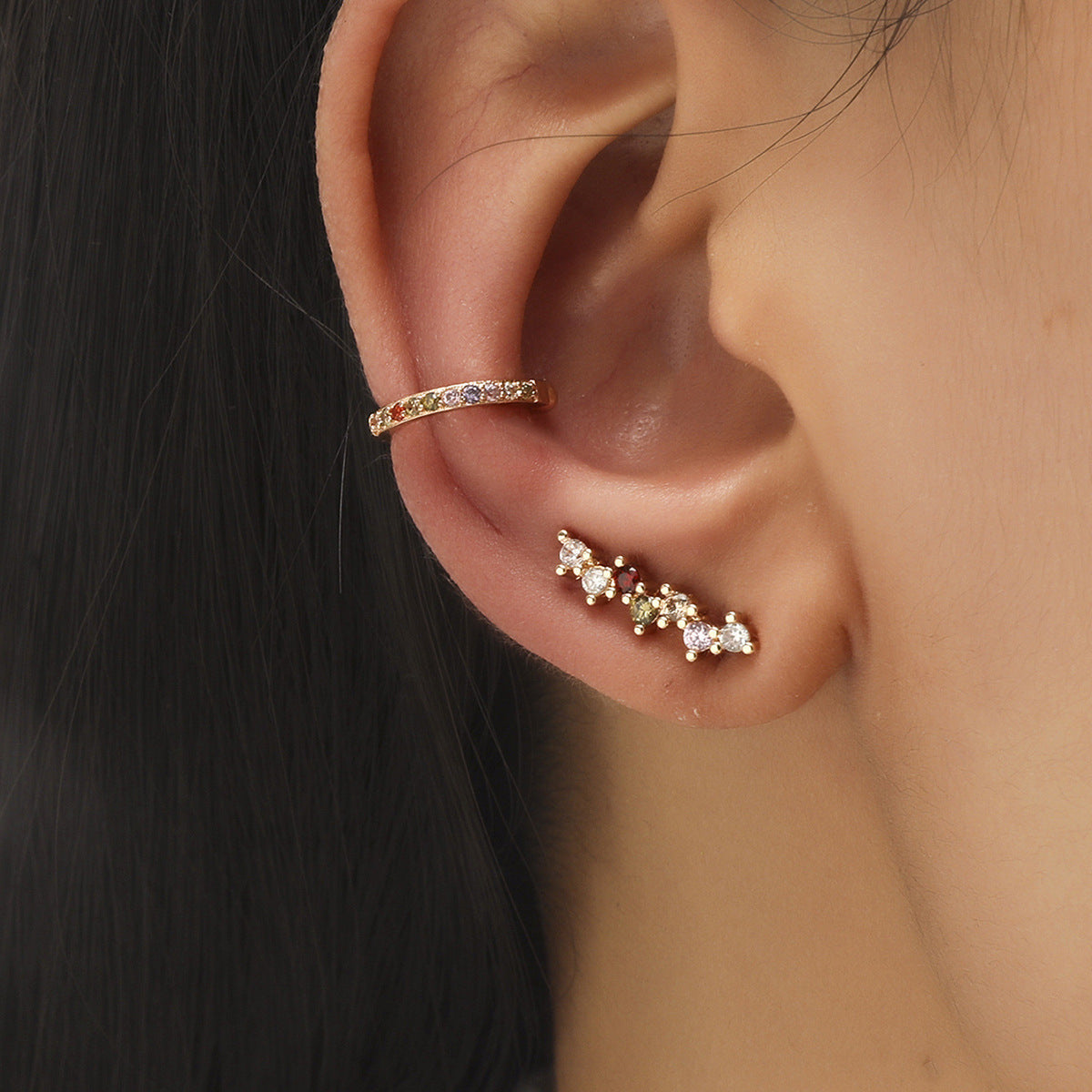 Simple Star Small Diamond Ear Clip Leaf Flower Sun Flower Geometric Pearl Zircon No Pierced Ear Stud Set