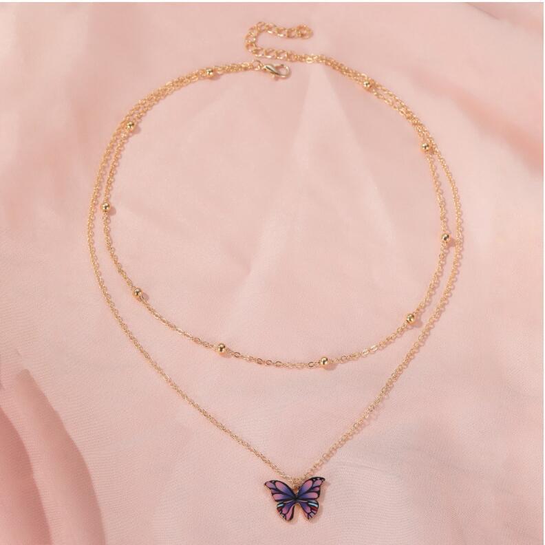 Double Bead Chain Colorful Butterfly Necklace Dreamy Butterfly Clavicle Chain Trendy Women's Jewelry Short Chain