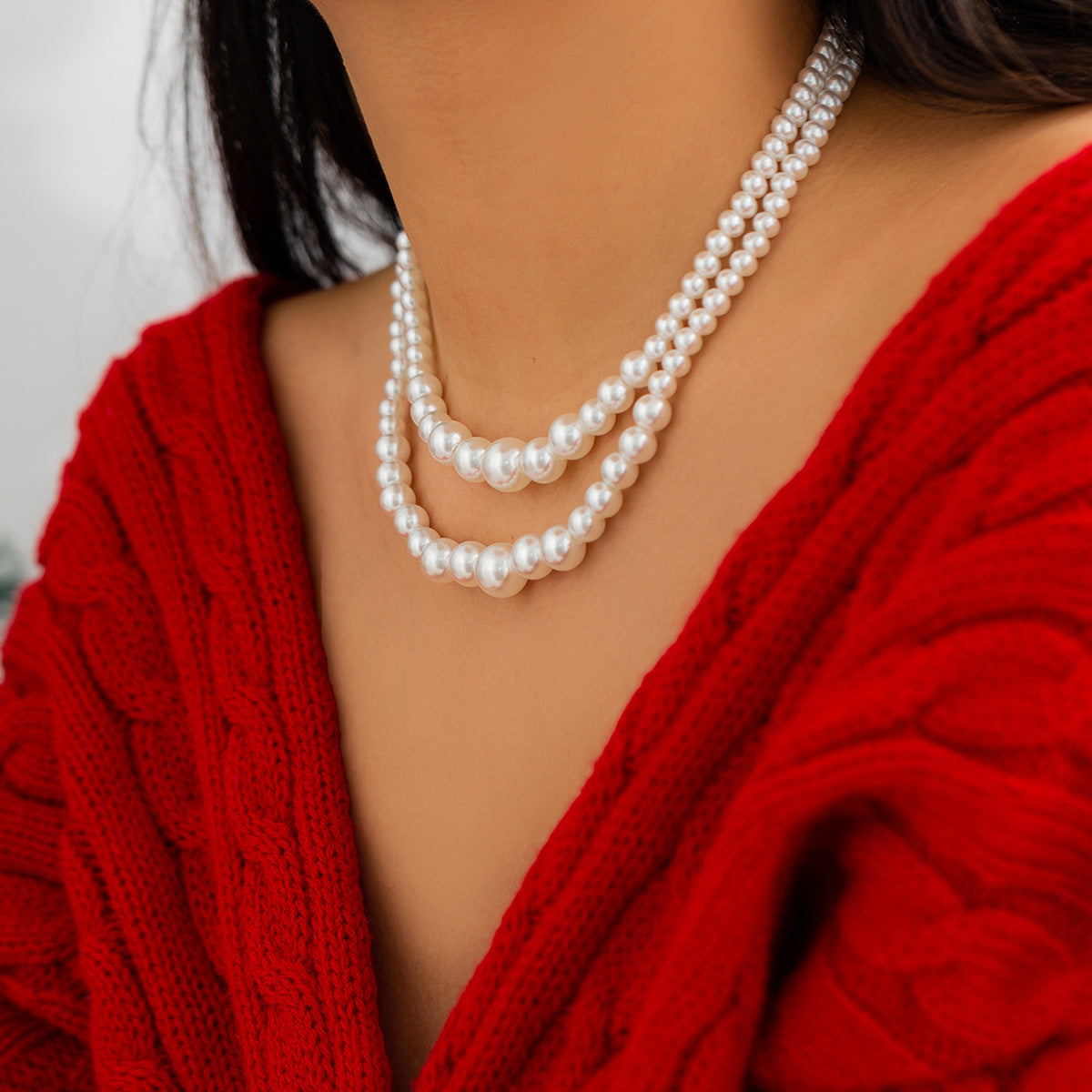 Jewelry Temperament Retro Imitation Pearl Chain Clavicle Necklace Simple Versatile Beaded Double Layer Necklace