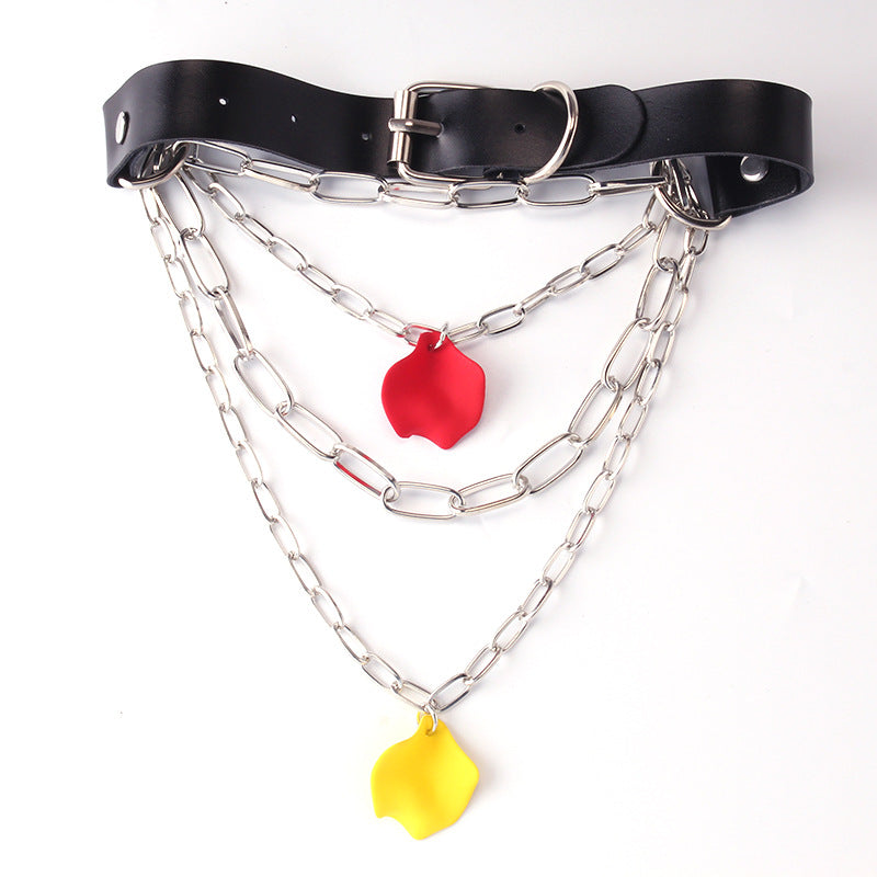 Cool Harajuku petal-shaped pendant multi-layer chain collar necklace fashion trend leather collar collar chain clavicle chain