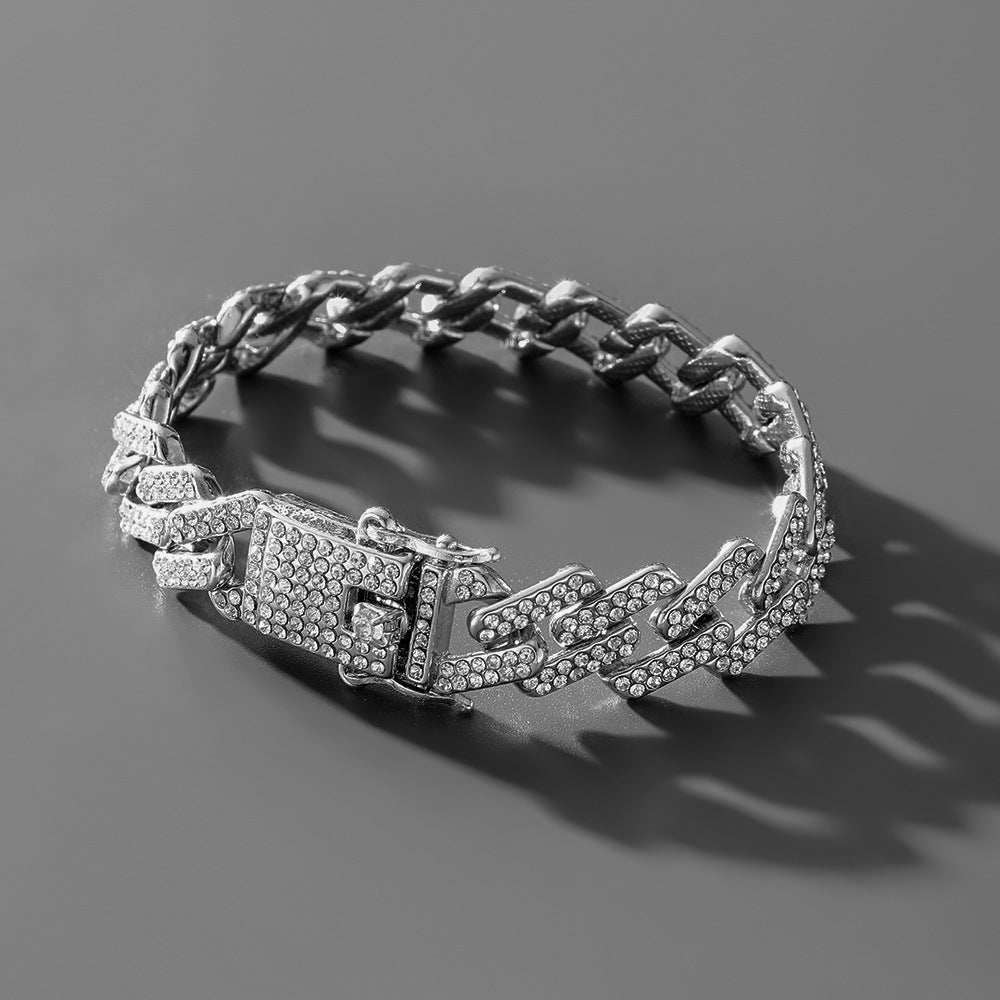 Trendy punk hip hop 12mm full diamond Cuban chain bracelet male hiphop exaggerated hand jewelry