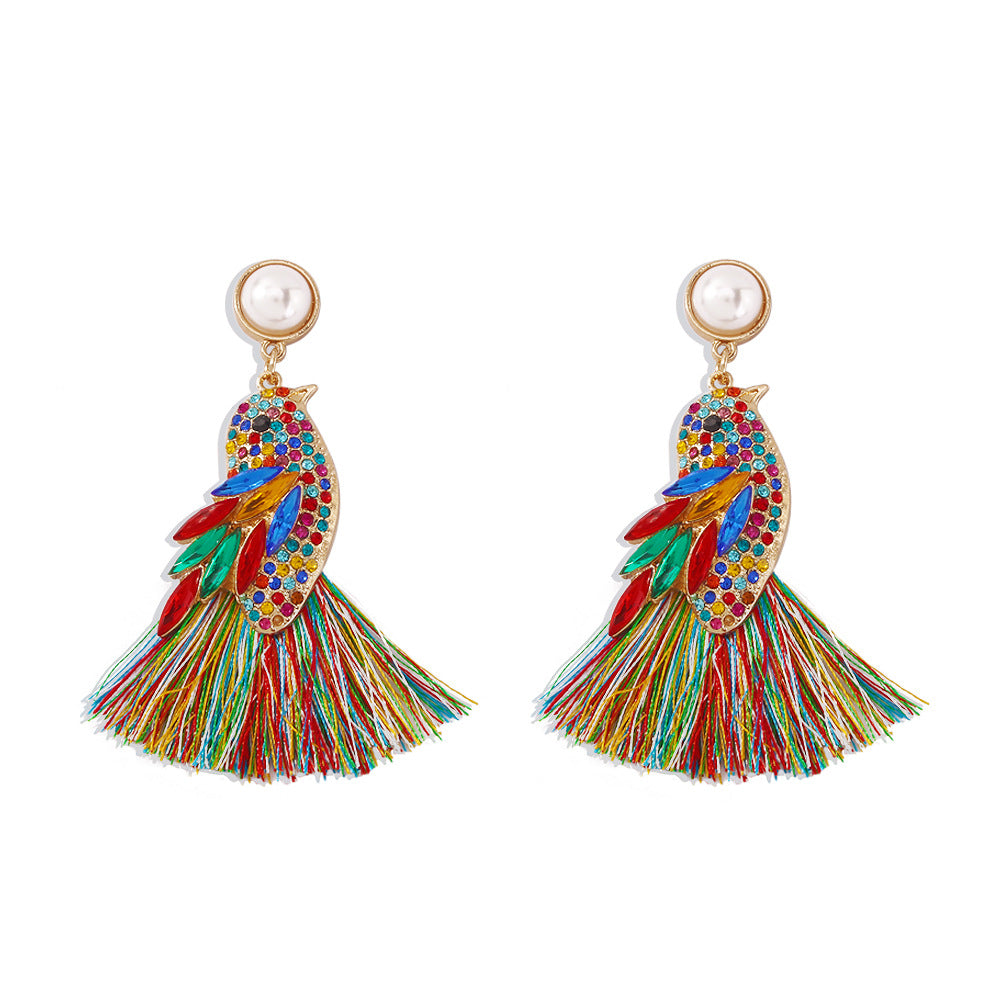 E1172 Creative Pearl Earrings Geometric Bird Tassels Diamond Earrings Retro Animal Earrings