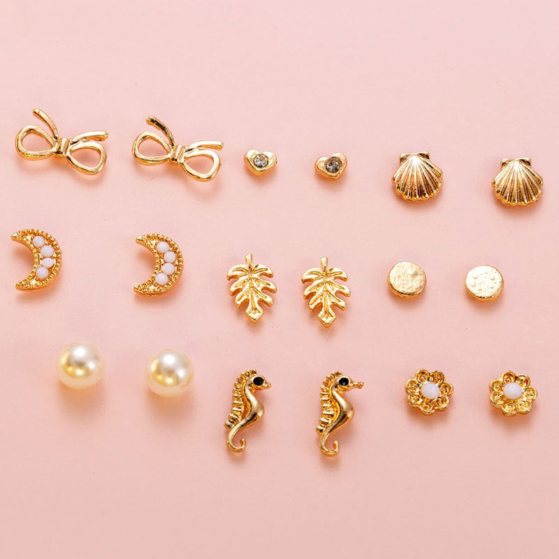 Simple Set Earrings Creative Cute Elephant Pearl Earrings Feminine Earrings Nine Pairs of Earrings