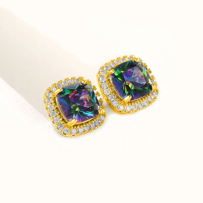 Jewelry Temperament Women's Color Diamond Earrings Fashion Niche Four-claw Stud Earrings Jewelry