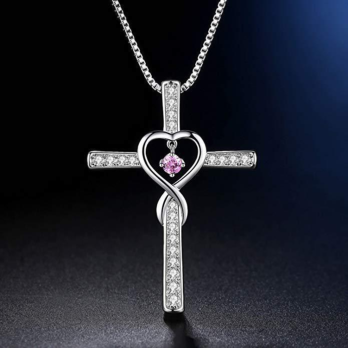 Fashion Cross Religious Belief Inlaid Zircon Pendant Necklace Heart Shape Necklace Jewelry