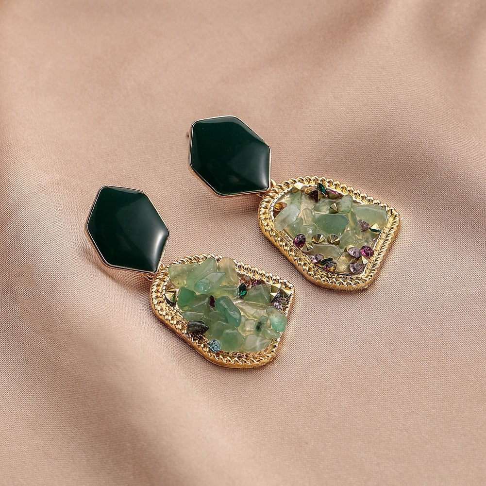 Ins geometric fashion hollow heart gravel earrings retro original stone drop oil earrings stone ear jewelry female