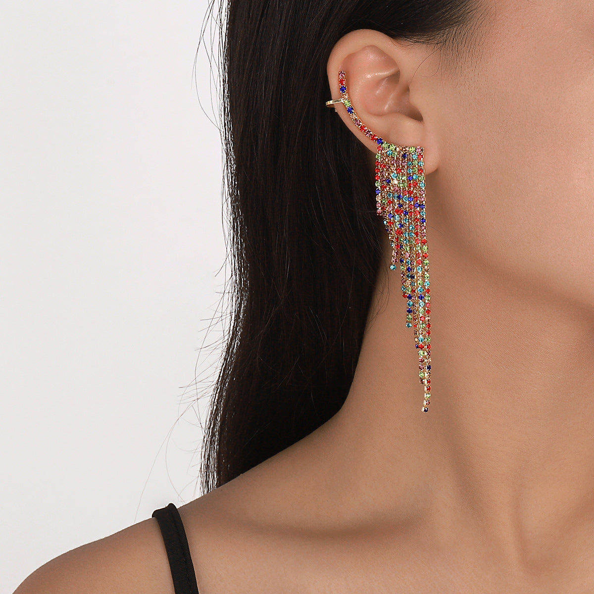 E1274 Temperament Simple Pop Earrings Net Red Tassel Rhinestone Ear Needles Geometric Banquet Exaggerated Earrings