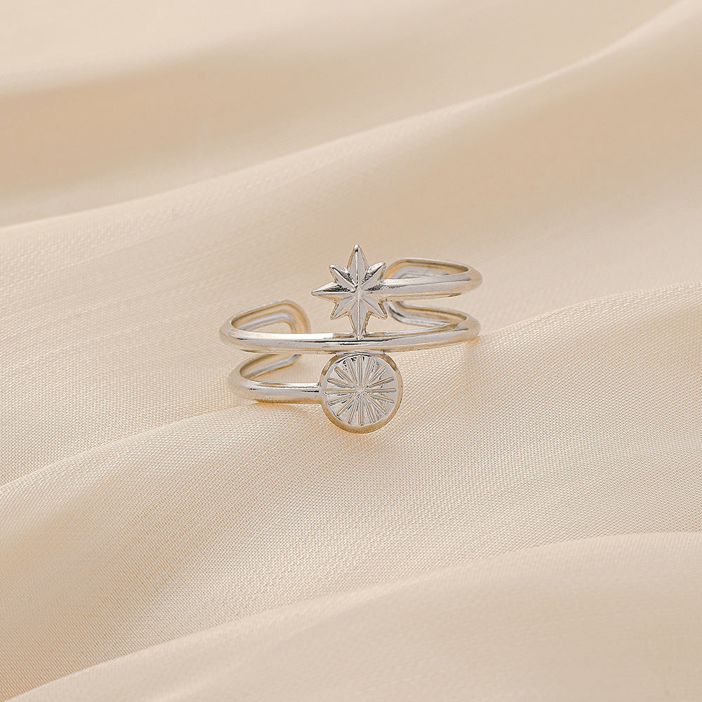 Jewelry Light Luxury Design Stainless Steel Open Stars Sun Adjustable Ring