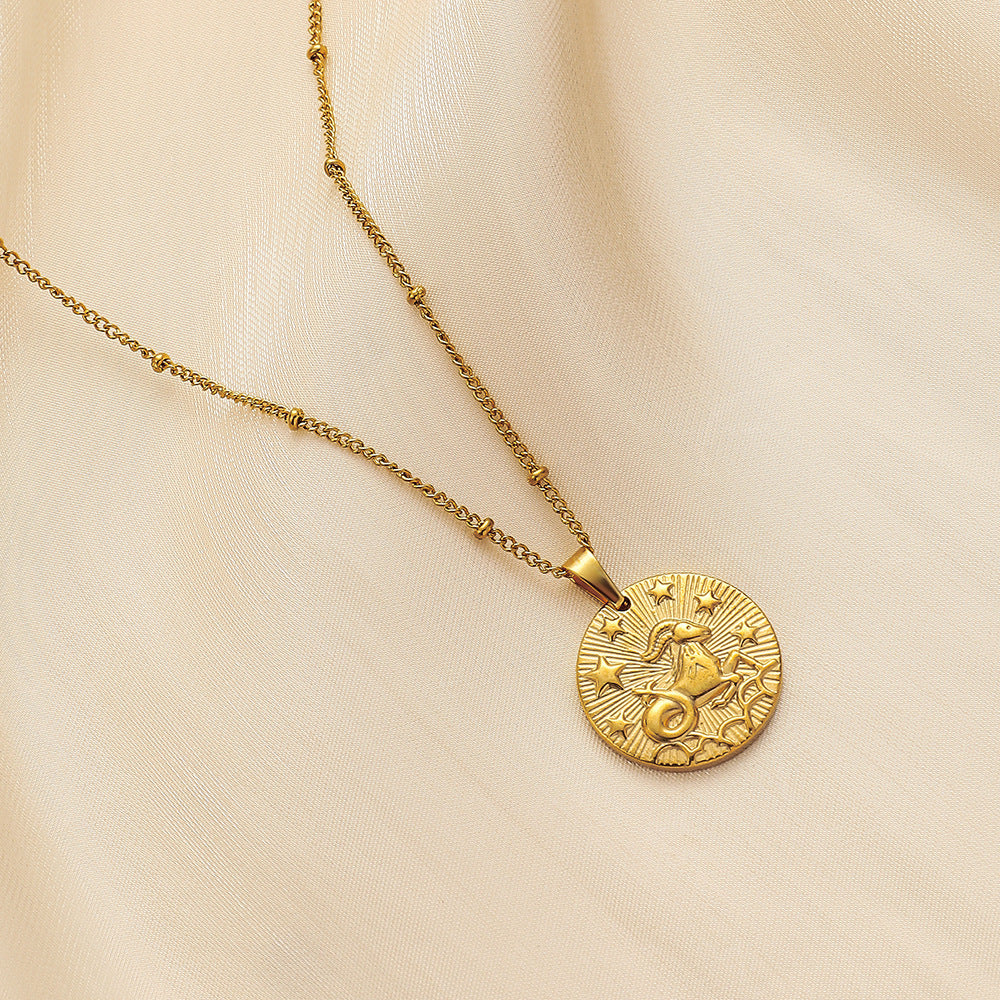 Stainless steel golden round twelve constellation coin embossed necklace light luxury niche design simple and versatile clavicle chain
