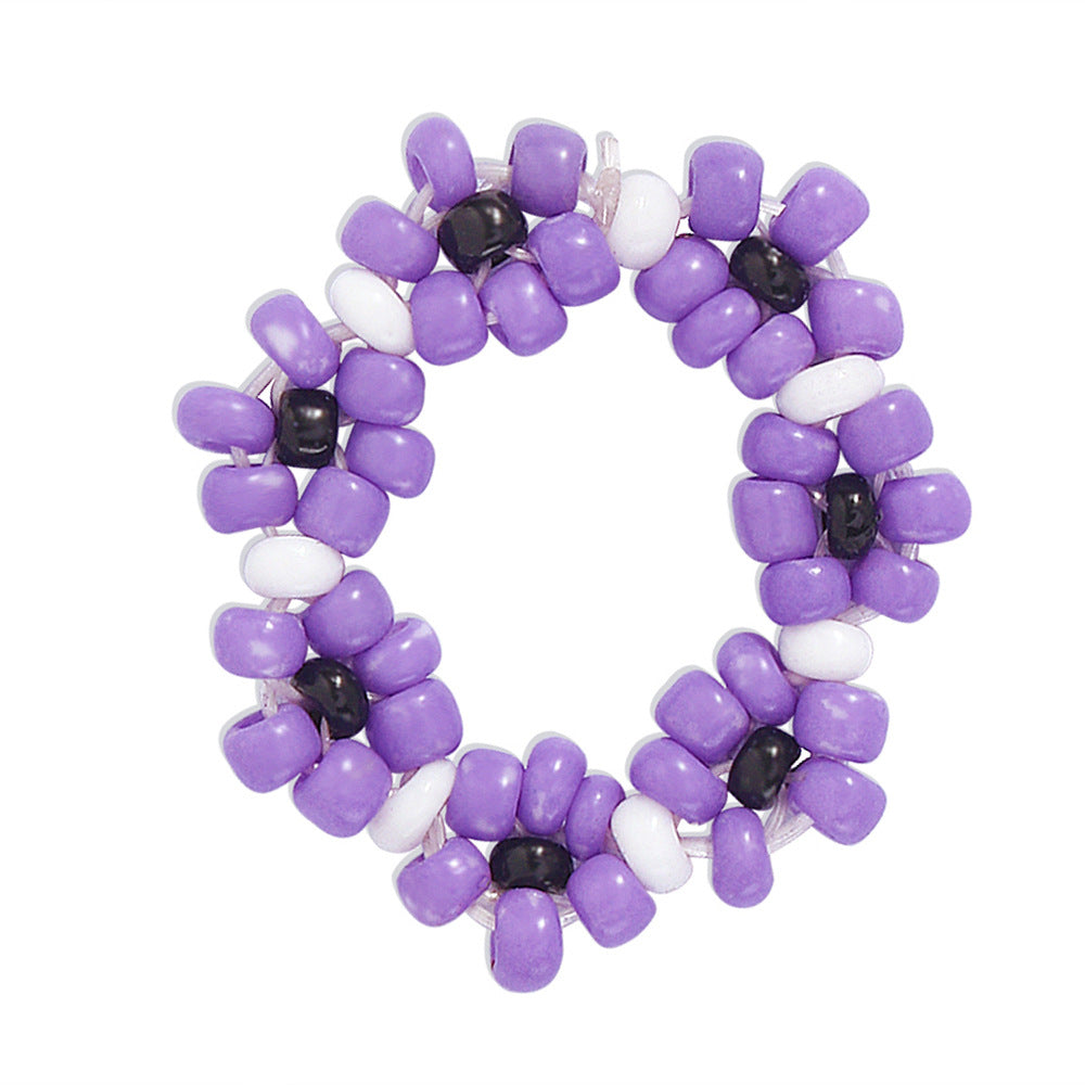 R619 fashion hand-woven rice bead ring net red small flower joint ring contrasting color cute jewelry for women