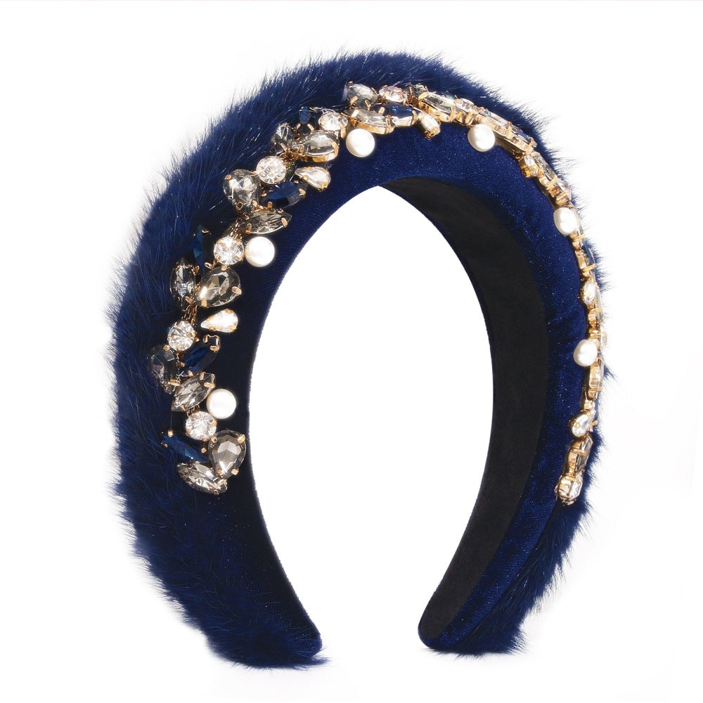 F3658 fabric mink hair ornament pearl catwalk retro hair hoop personalized heavy industry age-reducing head hoop