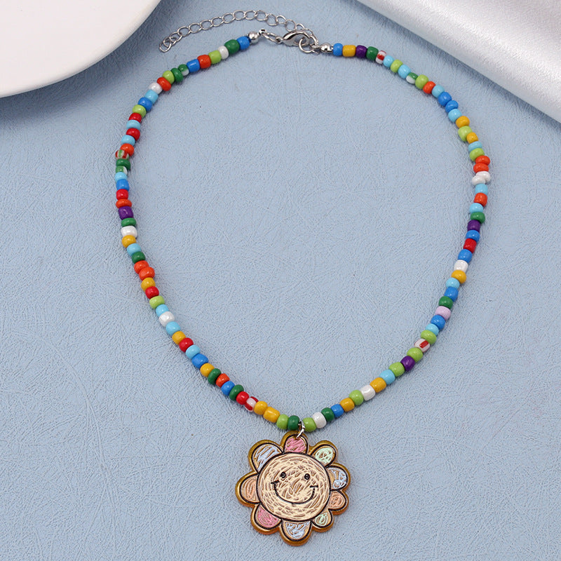 Ethnic color rice beads with acrylic pendant necklace bohemian fashion choker neck chain
