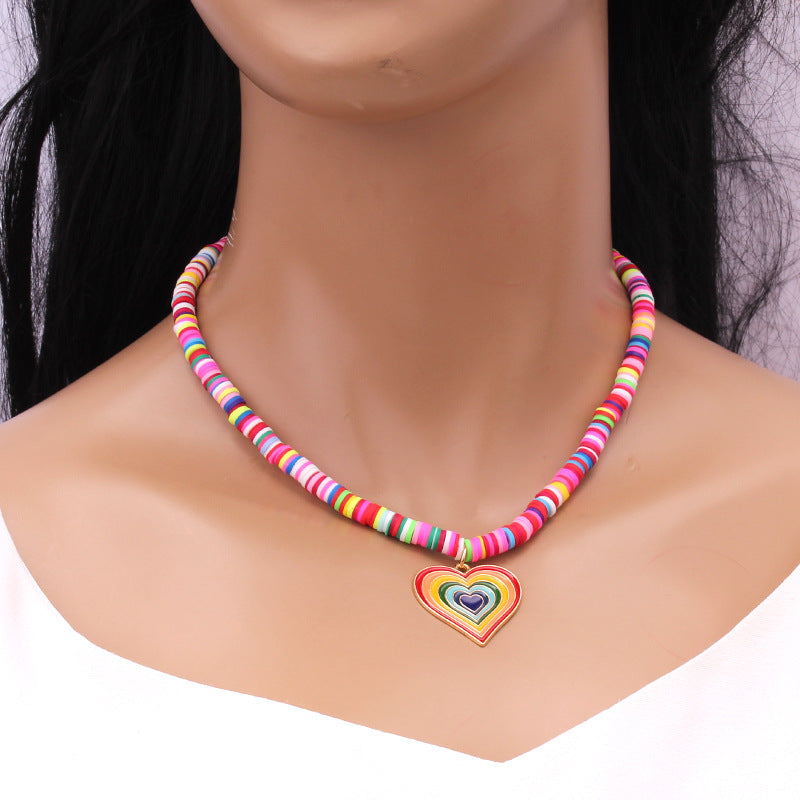 Niche design sense rainbow color soft pottery beaded gradient color large love necklace female simple all-match necklace