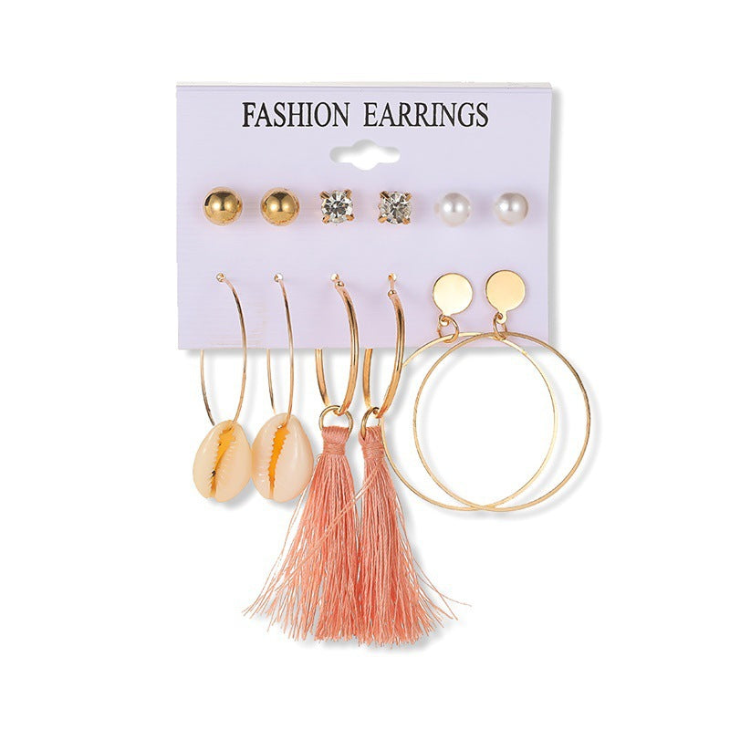 Geometric earring set combination ins retro fashion creative metal pearl earring 6-piece set earrings