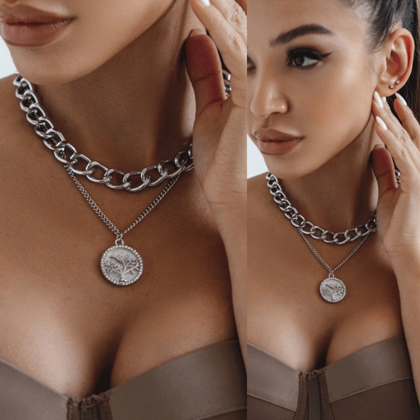 Double-layer thick aluminum chain geometric round diamond-studded tree of life black and white mother-of-pearl pendant necklace trendy cool all-match sweater chain women
