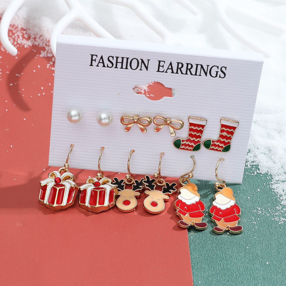 Christmas series snowflake bell earrings combination set cartoon oil dripping cane old man earrings female