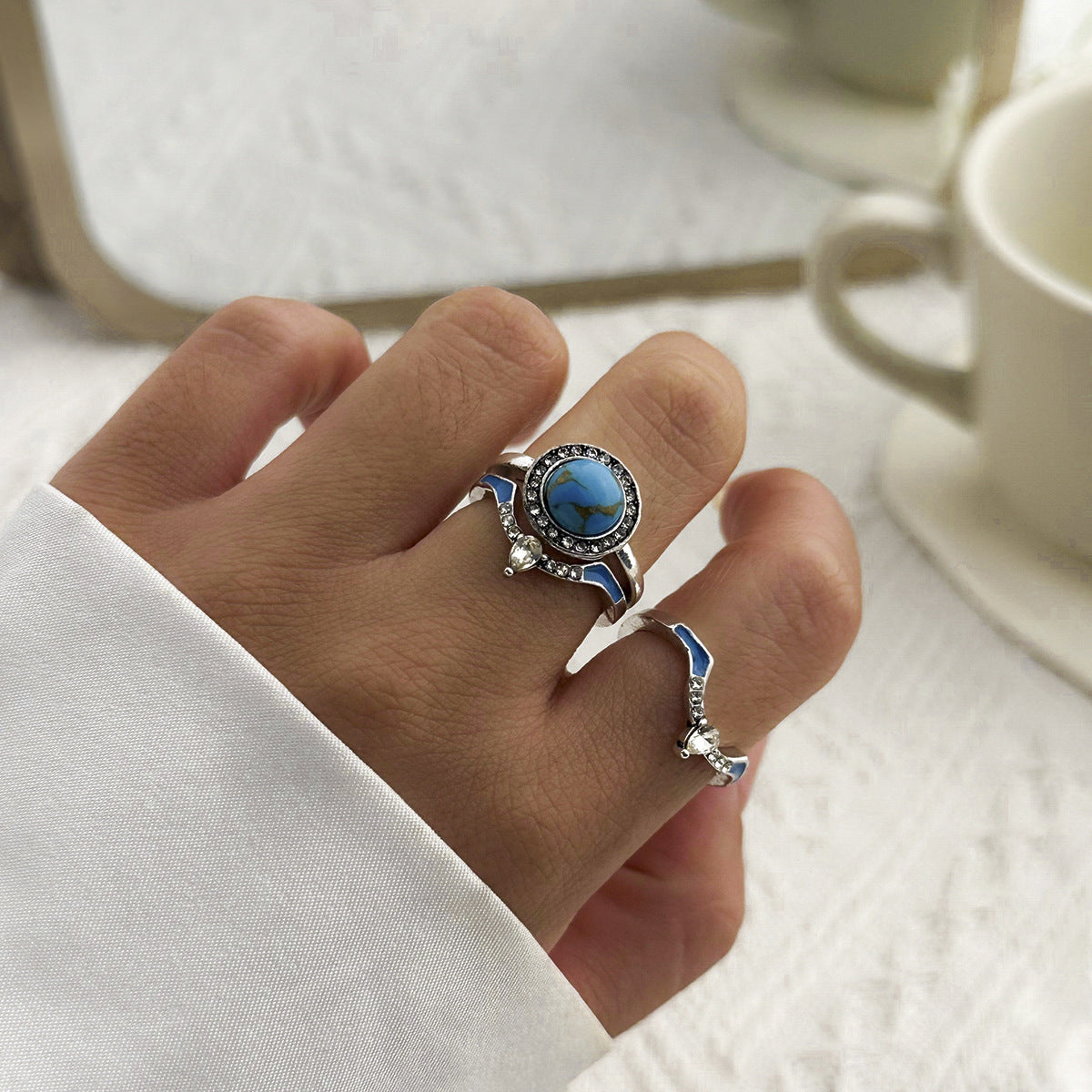 Jewelry Simple Mix and Match Turquoise Hand Jewelry Temperament Butterfly Geometric Micro-inlaid Diamond Ring Set Female